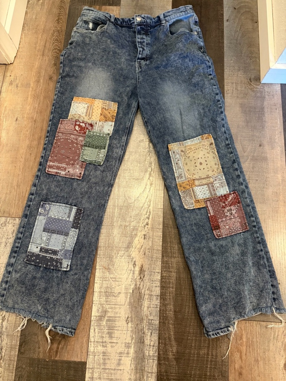 SO High-Rise Patchwork Acid-Wash Jeans - Blue with Multicolor Patches - Picture 1 of 9